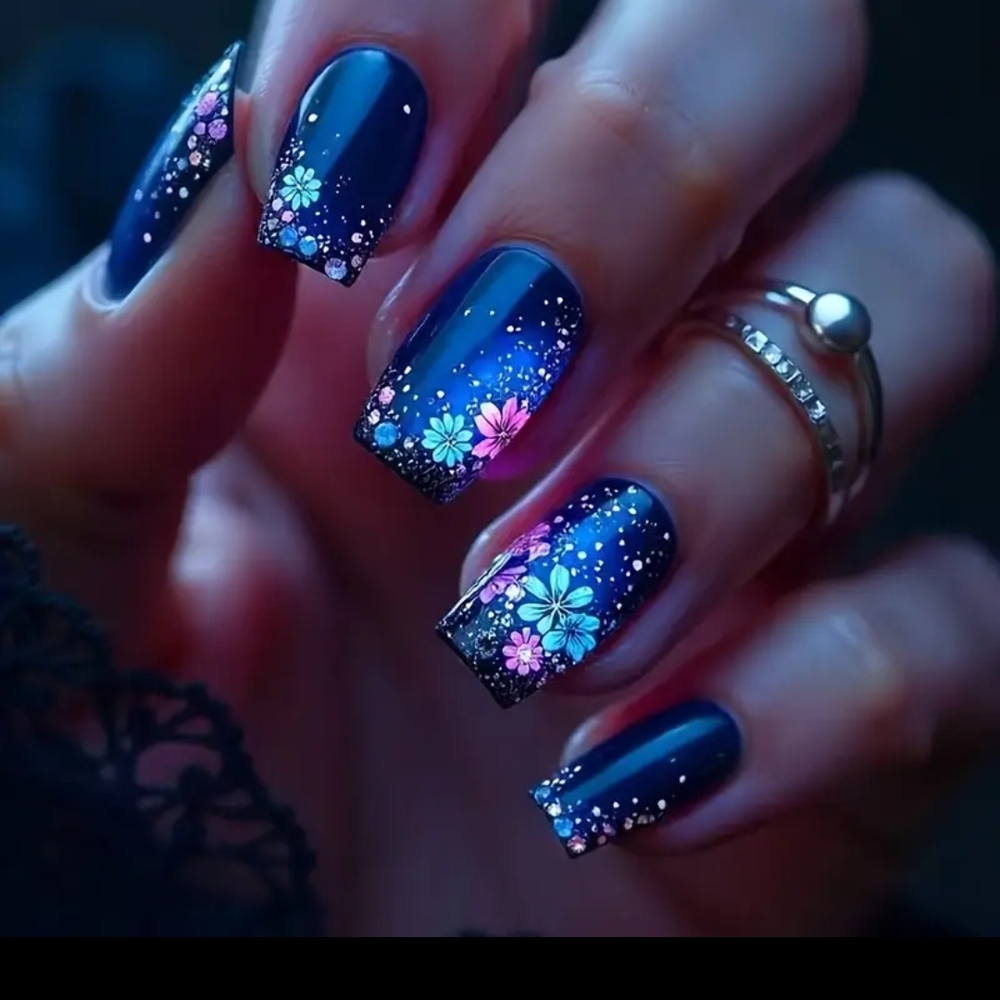 24 Pcs Floral Nail Art with Blue and Pink Accents BUY ONE GET ONE FREE